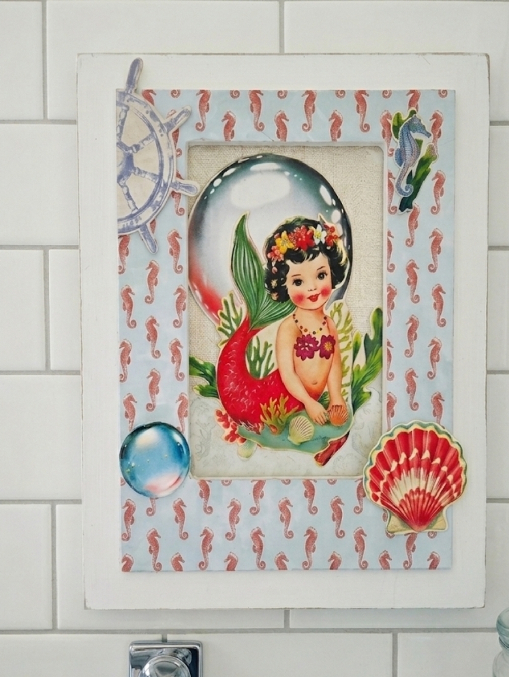 Mermaid Mixed Media Art with Red and Green Accents